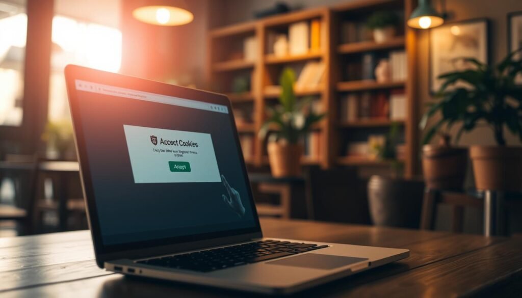 A dimly lit cafe interior, with warm lighting and a cozy atmosphere. In the foreground, a laptop rests on a wooden table, its screen displaying a web browser window with a prominent "Accept Cookies" prompt. The user's hand hovers over the "Accept" button, reflecting the dilemma of navigating digital privacy in the modern world. The background features blurred bookshelves and potted plants, creating a sense of contemplation and the intersection of the physical and digital realms. The overall scene evokes the theme of "When Beliefs Meet the Digital World: Media Consumption, Online Spaces, and Privacy." A dimly lit cafe interior, with warm lighting and a cozy atmosphere. In the foreground, a laptop rests on a wooden table, its screen displaying a web browser window with a prominent "Accept Cookies" prompt. The user's hand hovers over the "Accept" button, reflecting the dilemma of navigating digital privacy in the modern world. The background features blurred bookshelves and potted plants, creating a sense of contemplation and the intersection of the physical and digital realms. The overall scene evokes the theme of "When Beliefs Meet the Digital World: Media Consumption, Online Spaces, and Privacy."