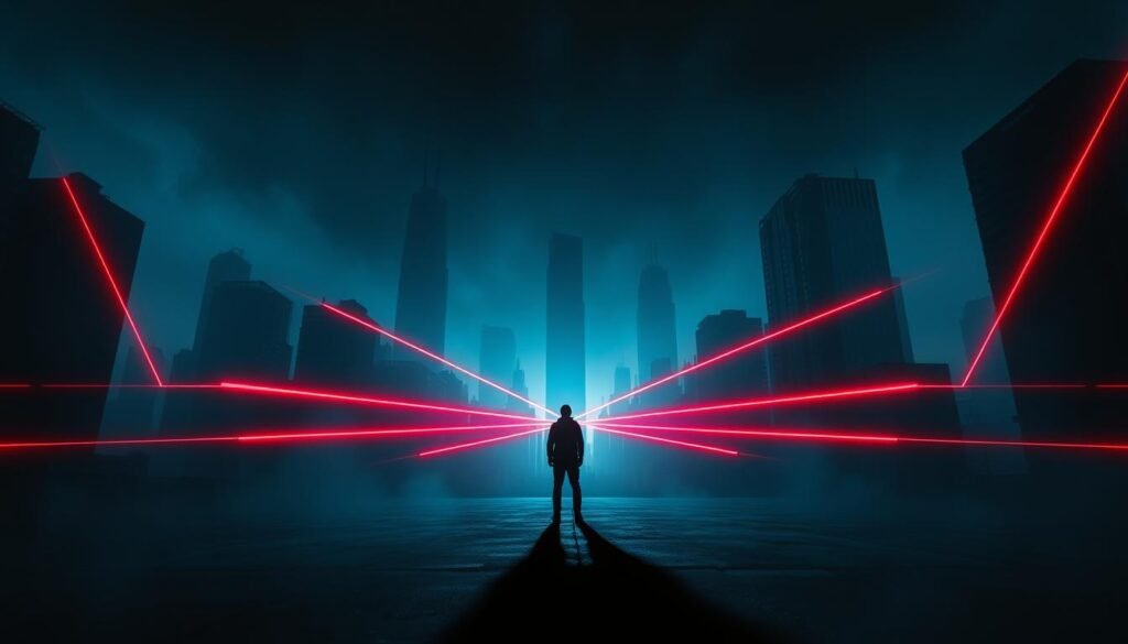 A dimly lit, dystopian cityscape with towering, ominous buildings in the background, casting long shadows across the foreground. In the center, a figure stands alone, their body language conveying a sense of unease and anxiety. Jagged, glowing red lines radiate from the figure, symbolizing the "toxic" signals or warning signs. The lighting is dramatic, with a cool, blue-tinted hue washing over the scene, creating an atmosphere of tension and foreboding. The camera angle is slightly low, adding to the feeling of isolation and the heaviness of the situation.