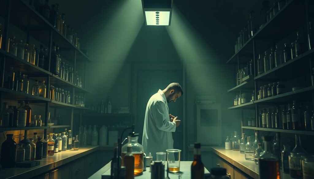 A dimly lit laboratory, its shelves lined with an array of curious bottles and vials. In the center, a figure clad in a pristine white coat, hunched over a beaker, carefully examining its contents. The air is thick with the scent of chemicals and the soft hum of machinery. Shadows play across the walls, casting an air of mystery and intrigue. The room exudes a sense of discovery, a quest to unravel the secrets of the unknown. Soft, warm lighting illuminates the scene, creating a sense of contemplation and focus. This is the realm of the medical sleuth, where solutions to the most perplexing cases are meticulously uncovered. A dimly lit laboratory, its shelves lined with an array of curious bottles and vials. In the center, a figure clad in a pristine white coat, hunched over a beaker, carefully examining its contents. The air is thick with the scent of chemicals and the soft hum of machinery. Shadows play across the walls, casting an air of mystery and intrigue. The room exudes a sense of discovery, a quest to unravel the secrets of the unknown. Soft, warm lighting illuminates the scene, creating a sense of contemplation and focus. This is the realm of the medical sleuth, where solutions to the most perplexing cases are meticulously uncovered.