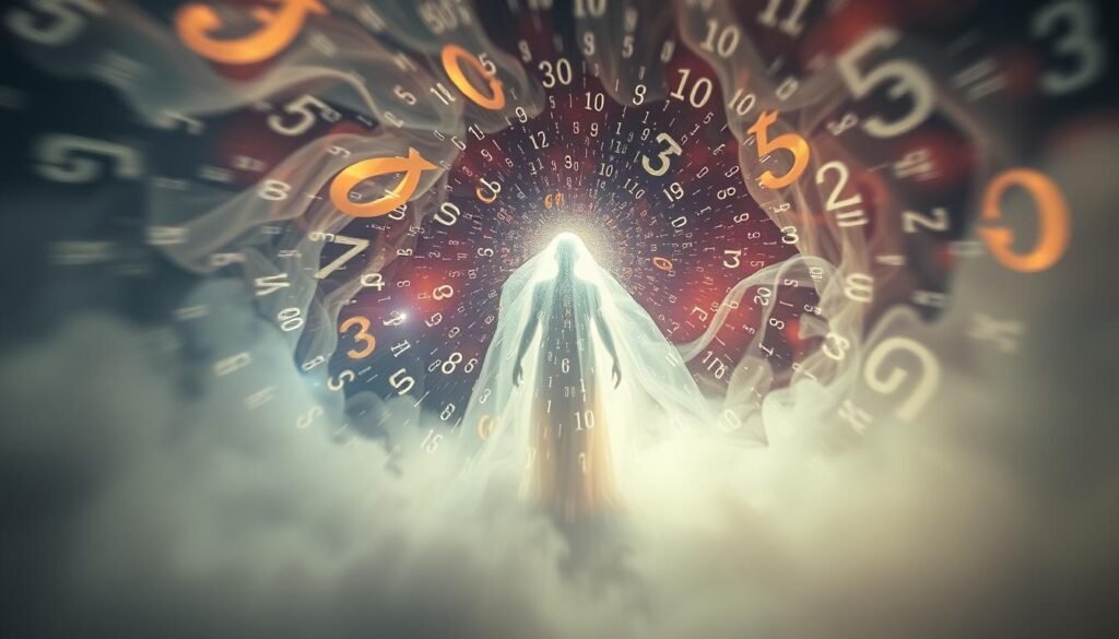 A dreamlike landscape of ethereal entities, where the boundaries between life and death blur. A spectral figure, enveloped in shimmering light, stands at the center, surrounded by a whirlwind of cascading numerical digits. The background fades into an abstract kaleidoscope of swirling hues, evoking a sense of finality and the profound mysteries of existence. Soft, diffused lighting casts a contemplative, otherworldly ambiance, inviting the viewer to ponder the deeper meanings of this symbolic vision. Captured through a wide-angle lens, the composition draws the eye inward, creating a contemplative, immersive experience.