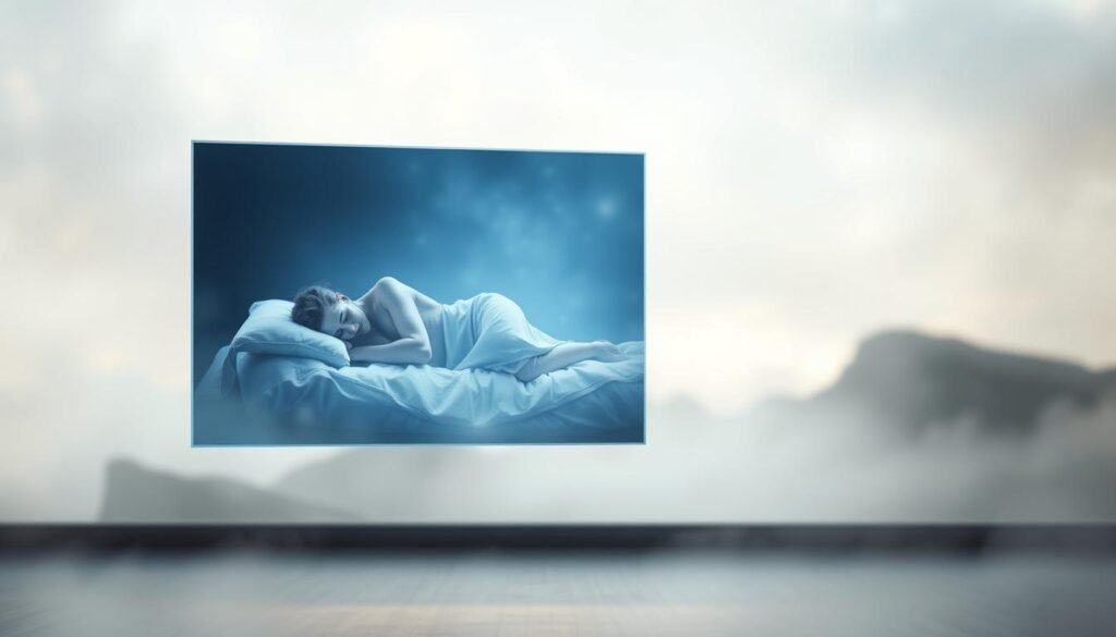 A dreamlike video frame floating in a serene, atmospheric setting. In the foreground, a holographic display shows a sleeping figure, symbolizing the dream state. The middle ground features soft, ethereal lighting and muted colors, evoking a contemplative mood. In the background, a blurred, abstract landscape hints at the subconscious realm. The overall composition conveys a sense of introspection and the mystical connection between dreams and divination.