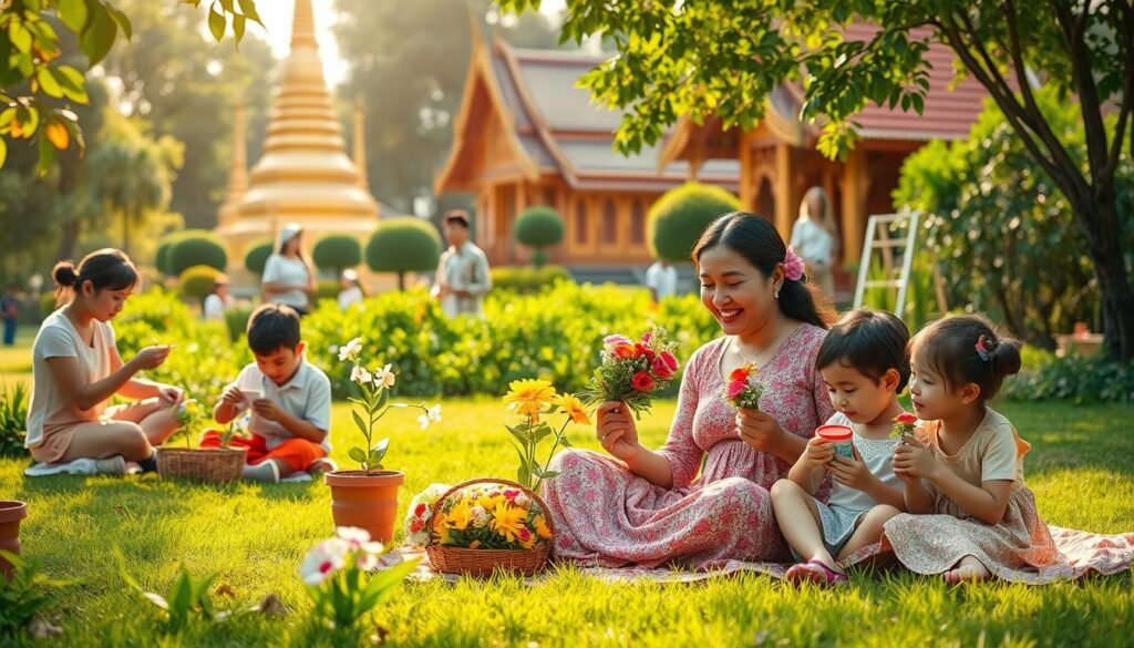 A family gathered in a lush, sun-dappled garden, celebrating Mother's Day. In the foreground, a mother and her children sit on a picnic blanket, surrounded by vibrant flowers and greenery. The children offer handmade crafts and bouquets to their mother, their faces alight with joy and appreciation. In the middle ground, other family members engage in activities like planting seedlings, playing traditional Thai games, and sharing a homemade meal. The background features a tranquil Thai temple, its golden spires and intricate architecture providing a serene backdrop to the warm, intimate gathering. The scene is bathed in soft, golden lighting, conveying a sense of love, tradition, and the cherished bond between a mother and her family. A family gathered in a lush, sun-dappled garden, celebrating Mother's Day. In the foreground, a mother and her children sit on a picnic blanket, surrounded by vibrant flowers and greenery. The children offer handmade crafts and bouquets to their mother, their faces alight with joy and appreciation. In the middle ground, other family members engage in activities like planting seedlings, playing traditional Thai games, and sharing a homemade meal. The background features a tranquil Thai temple, its golden spires and intricate architecture providing a serene backdrop to the warm, intimate gathering. The scene is bathed in soft, golden lighting, conveying a sense of love, tradition, and the cherished bond between a mother and her family.