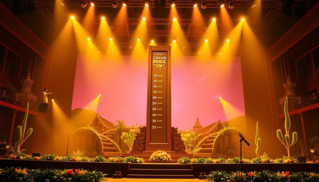 A grand stage, bathed in warm, golden lighting, stands as a testament to the triumphs of the iconic "Zamsarn" figure. In the center, a towering milestone marker, its sturdy wooden frame and carved mileage numbers, symbolizing the journey of success and acclaim. Surrounding it, a lush, verdant backdrop evokes the rich cultural heritage of Thailand, with subtle hints of traditional architecture and lush foliage. The composition exudes a sense of reverence and celebration, capturing the essence of this beloved entertainer's remarkable achievements on the entertainment stage.