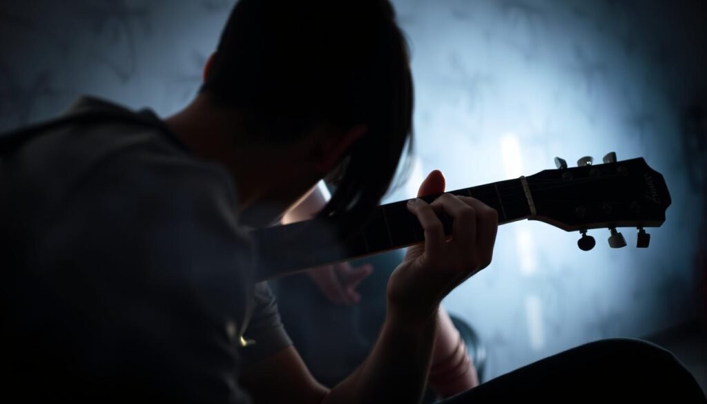A guitar player's hands meticulously practicing chord progressions against a dimly lit, atmospheric backdrop. The scene captures the focused intensity of honing rhythmic precision and dynamic control, with subtle shadows accentuating the player's fingertips deftly navigating the fretboard. Soft, diffused lighting casts a warm, contemplative mood, as the player's face remains obscured, emphasizing the mental engagement of the exercise. The composition emphasizes the foreground action, with the background fading into a hazy, textured ambiance that evokes a sense of dedicated practice and musical growth. A guitar player's hands meticulously practicing chord progressions against a dimly lit, atmospheric backdrop. The scene captures the focused intensity of honing rhythmic precision and dynamic control, with subtle shadows accentuating the player's fingertips deftly navigating the fretboard. Soft, diffused lighting casts a warm, contemplative mood, as the player's face remains obscured, emphasizing the mental engagement of the exercise. The composition emphasizes the foreground action, with the background fading into a hazy, textured ambiance that evokes a sense of dedicated practice and musical growth.
