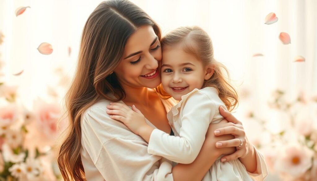 A heartwarming Mother's Day scene featuring a loving mother holding her young daughter close, surrounded by a soft, pastel-hued floral backdrop. The pair share a tender embrace, conveying the deep bond and affection between them. Warm, natural lighting illuminates their faces, creating a serene, intimate atmosphere. The mother's gentle expression and the daughter's look of adoration evoke a sense of pure, unconditional love. Delicate petals drift in the air, adding to the dreamlike, sentimental mood. This image perfectly captures the sentiment of cherishing and honoring the special relationship between a mother and child.