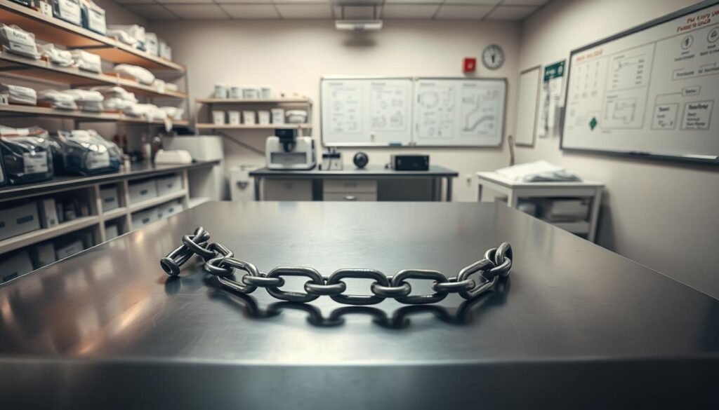 A high-angle view of a forensic laboratory workspace, with a central metal evidence chain on a stainless steel examination table. The chain symbolizes the chain of custody for collected evidence. The background features scientific equipment, shelves of labeled evidence bags, and a wall-mounted whiteboard displaying process diagrams. Soft, indirect lighting illuminates the scene, creating a somber, professional atmosphere. The composition emphasizes the ordered, methodical nature of the forensic examination process.