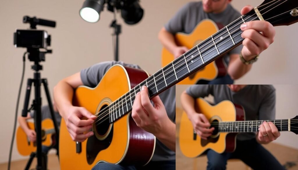 A high-quality demonstration video of a guitarist skillfully playing the guitar, filmed in a well-lit, professional studio setting with multiple cameras capturing dynamic angles and close-ups of the guitarist's hands and fingers moving gracefully across the strings. The video showcases the guitarist's mastery of guitar technique, providing a visually engaging and informative resource for beginner guitarists to learn from.