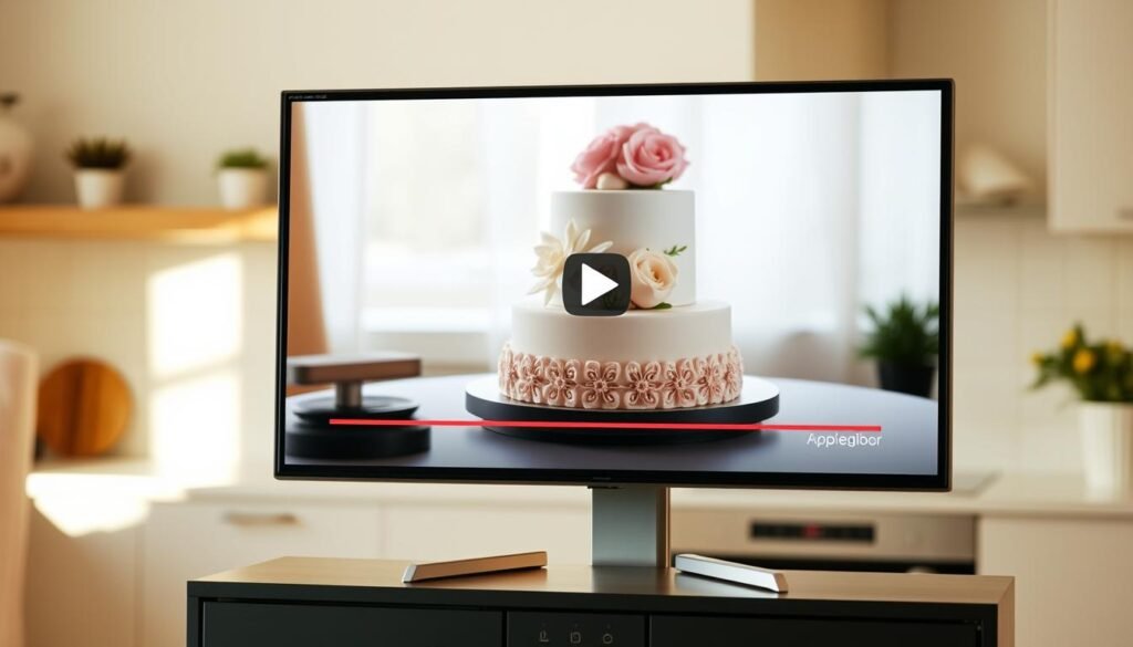 A high-quality video playing on a modern, sleek display with a minimalist design. The screen is set against a warm, inviting background, perhaps a soft-lit kitchen or dining area. The video should showcase the process of decorating a beautiful Mother's Day cake, highlighting the intricate details and techniques used. The lighting should be natural and evocative, creating a sense of warmth and comfort. The overall composition should be balanced and visually appealing, drawing the viewer's attention to the video and the decorative cake-making process.
