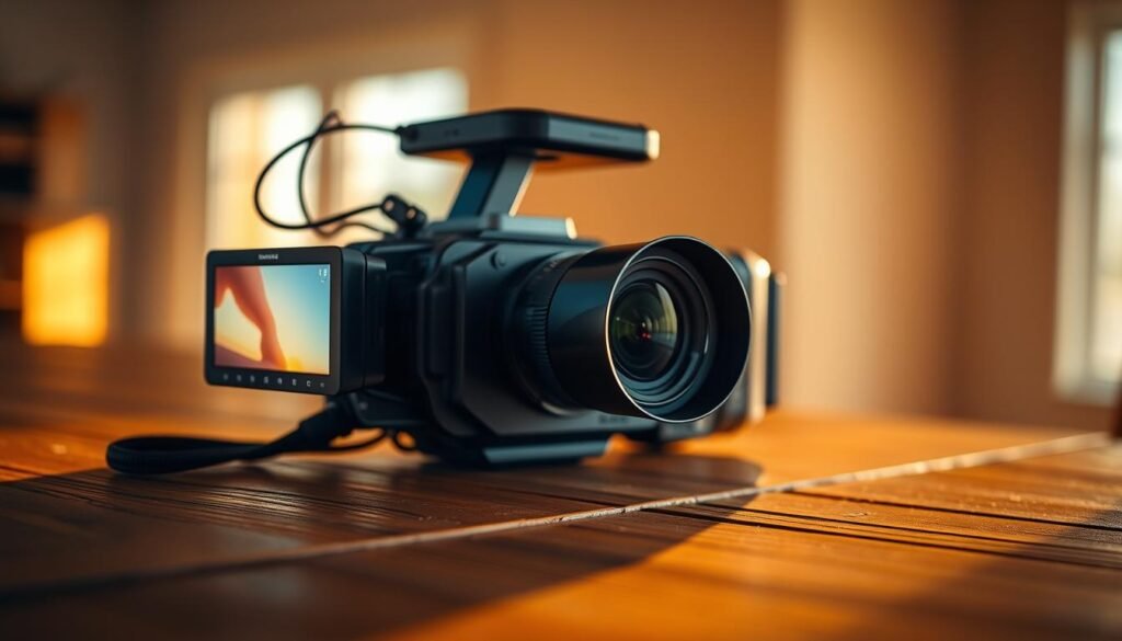 A high-quality, visually striking video recording device resting on a wooden surface, illuminated by warm, natural lighting from the side. The camera has a sleek, modern design with a prominent lens, capturing the essence of a professional tool for creating and sharing multimedia content. The background is slightly blurred, creating a sense of depth and focus on the central object. The overall mood is one of creativity, technology, and the joy of capturing and expressing oneself through video.