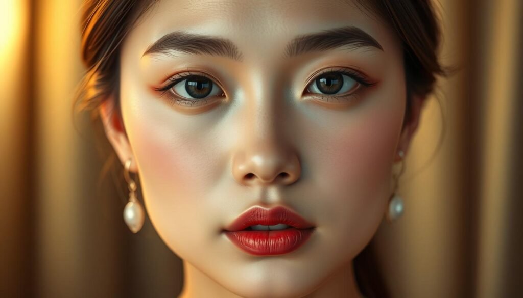 A high-resolution, hyperrealistic portrait depicting the facial features of a Thai celebrity before undergoing cosmetic surgery. The subject's natural beauty is showcased with soft, warm lighting that accentuates their flawless complexion, delicate bone structure, and alluring gaze. The image focuses on the subject's face, filling the frame with a shallow depth of field to draw the viewer's attention to the intricate details - the symmetry of the brows, the curve of the lips, the luminous eyes. The overall mood is one of elegance and timeless charm, capturing the subject's essence prior to any aesthetic enhancements.