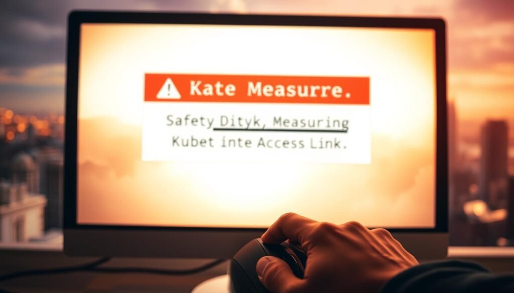 A high-resolution image of a computer screen displaying a security warning message, with the title "Safety Measures When Using Kubet Access Links" prominently displayed. The screen is backlit with a warm, amber glow, creating a sense of caution and vigilance. In the foreground, a hand hovers over the mouse, hesitating before clicking the link. The background features a blurred cityscape, suggesting the broader context of online security and the importance of being cautious when navigating the digital landscape. The overall composition conveys the gravity of the situation and the need for users to exercise care when accessing Kubet through provided links. A high-resolution image of a computer screen displaying a security warning message, with the title "Safety Measures When Using Kubet Access Links" prominently displayed. The screen is backlit with a warm, amber glow, creating a sense of caution and vigilance. In the foreground, a hand hovers over the mouse, hesitating before clicking the link. The background features a blurred cityscape, suggesting the broader context of online security and the importance of being cautious when navigating the digital landscape. The overall composition conveys the gravity of the situation and the need for users to exercise care when accessing Kubet through provided links.