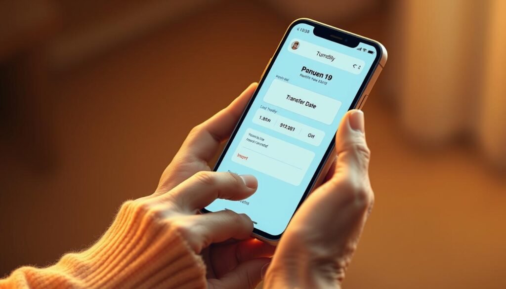 A high-resolution, realistic digital illustration depicting the concept of "เงิน ผู้ สูงอายุ ตรวจสอบวันโอน". The scene shows a close-up view of a senior citizen's hands holding a mobile phone, with the screen displaying a digital interface for checking the transfer date of their monthly pension payment. The composition is framed in a warm, soft lighting, creating a calm and reassuring atmosphere. The background is slightly blurred, putting the focus on the elderly person's hands and the phone screen. The overall image conveys a sense of security, reliability, and attention to the needs of the aging population. A high-resolution, realistic digital illustration depicting the concept of "เงิน ผู้ สูงอายุ ตรวจสอบวันโอน". The scene shows a close-up view of a senior citizen's hands holding a mobile phone, with the screen displaying a digital interface for checking the transfer date of their monthly pension payment. The composition is framed in a warm, soft lighting, creating a calm and reassuring atmosphere. The background is slightly blurred, putting the focus on the elderly person's hands and the phone screen. The overall image conveys a sense of security, reliability, and attention to the needs of the aging population.
