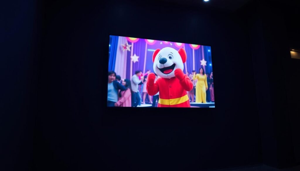 A live, vibrant video feed playing on a modern display panel, showcasing the iconic "Saem Saen" character from Thai pop culture. The display is positioned in a dimly lit, atmospheric setting, with subtle lighting accents illuminating the edges and creating a sense of depth. The video feed itself is sharp, high-definition, and immersive, capturing the character's lively movements and expressions. The overall scene evokes a nostalgic, yet contemporary feel, reflecting the evolution of the "Saem Saen" from a beloved musical hit to a shared cultural icon.