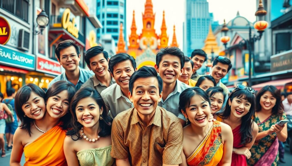 A lively, colorful comedy film poster featuring a diverse ensemble cast in vibrant Thai dress, set against a backdrop of Bangkok's bustling streets. The foreground showcases the lead actors in amusing, expressive poses, their faces conveying a sense of hilarity and charm. The middle ground depicts supporting characters engaged in comical interactions, while the background offers a glimpse of iconic Thai landmarks and a lively, street-level atmosphere. The lighting is warm and inviting, creating a festive, feel-good ambiance. The overall composition and style evoke a classic Thai comedy film, capturing the essence of entertainment and humor that the article aims to highlight.