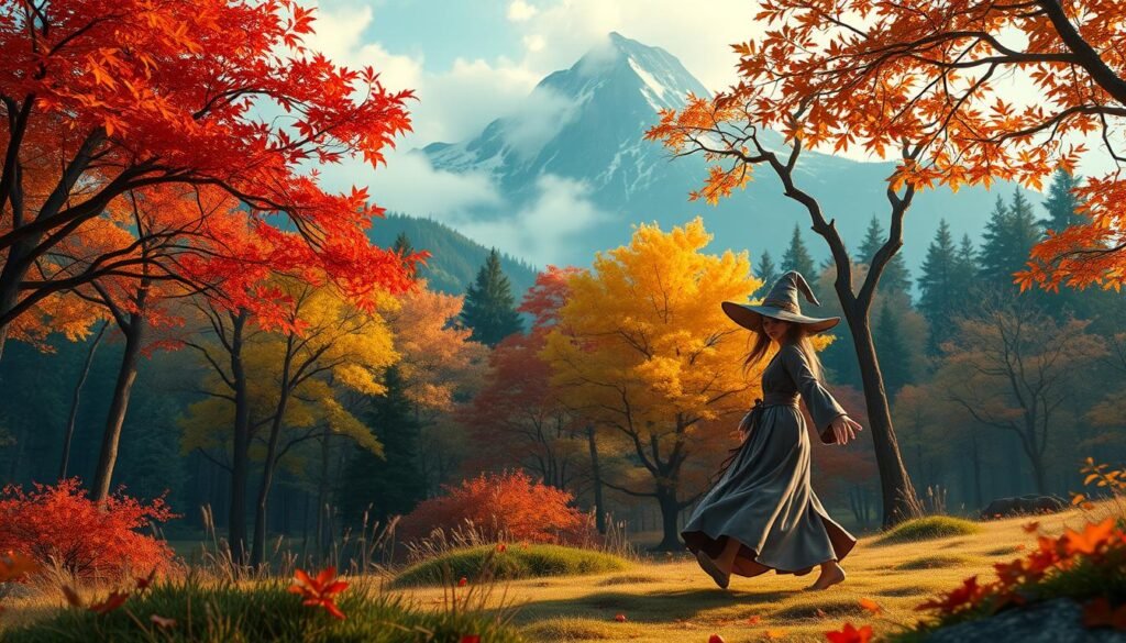 A lush, fantastical landscape that captures the essence of "โอม เพี้ยง แม่มด น้อย สู้ ตาย" in a seasonal setting. In the foreground, a whimsical, diminutive witch in a flowing robe strides purposefully, her hands weaving ethereal magic. Behind her, a vibrant forest teems with life, the trees adorned with vibrant leaves in hues of crimson, gold, and emerald. In the distance, a towering mountain range pierces the heavens, its peaks shrouded in swirling mists. The scene is bathed in a warm, diffused light, creating an otherworldly, dreamlike atmosphere that evokes the timeless wonder of the adventure.