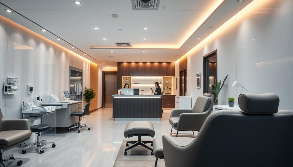 A meticulously designed medical clinic interior with sleek, modern decor. In the foreground, a state-of-the-art consultation room with comfortable chairs and carefully selected medical equipment. The middle ground showcases a well-organized reception area with an attentive staff, and the background highlights the clinic's facade, reflecting its professional and reputable image. The lighting is warm and inviting, creating a calming atmosphere. The overall scene conveys a sense of expertise, cleanliness, and attention to patient comfort, reflecting the high standards of the clinic's rhinoplasty services. A meticulously designed medical clinic interior with sleek, modern decor. In the foreground, a state-of-the-art consultation room with comfortable chairs and carefully selected medical equipment. The middle ground showcases a well-organized reception area with an attentive staff, and the background highlights the clinic's facade, reflecting its professional and reputable image. The lighting is warm and inviting, creating a calming atmosphere. The overall scene conveys a sense of expertise, cleanliness, and attention to patient comfort, reflecting the high standards of the clinic's rhinoplasty services.