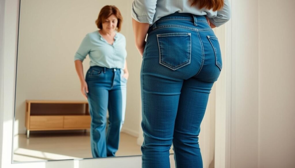 A middle-aged woman with a curvy, XL-sized figure is trying on a pair of well-fitting, classic blue denim jeans in a bright, airy dressing room. The lighting is soft and diffused, casting a warm, flattering glow on her skin. The jeans accentuate her natural waistline, with a comfortable, relaxed fit through the hips and legs. The woman is standing confidently, admiring how the jeans complement her shape in the full-length mirror. The scene has a mood of self-acceptance and positive body image, showcasing the importance of finding the right size and style to flatter an XL figure.