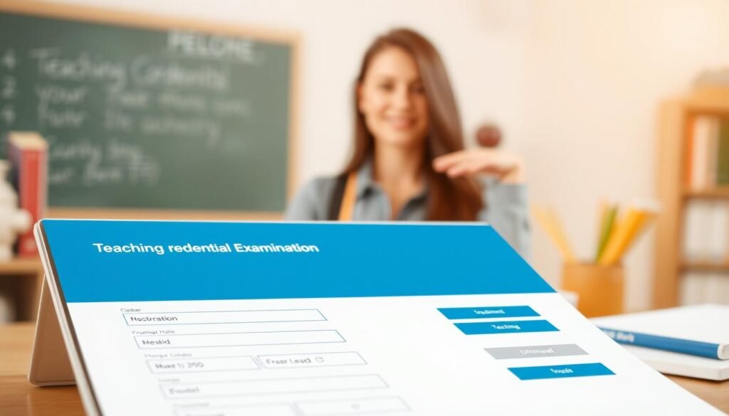 A modern and clean-looking interface displaying an online registration form for a teaching credential examination. The foreground features a sleek, minimalist design with input fields, dropdown menus, and buttons in shades of blue, white, and gray. The middle ground showcases a professional-looking headshot of a teacher, conveying the sense of a personal connection to the application process. The background subtly incorporates elements related to education, such as books, chalkboards, or classroom decor, all rendered in a soft, out-of-focus manner to maintain the focus on the registration form. The lighting is warm and natural, creating a welcoming and trustworthy atmosphere. The overall composition and design elements work together to communicate the efficient, user-friendly, and organized nature of the online registration process for the teaching credential examination. A modern and clean-looking interface displaying an online registration form for a teaching credential examination. The foreground features a sleek, minimalist design with input fields, dropdown menus, and buttons in shades of blue, white, and gray. The middle ground showcases a professional-looking headshot of a teacher, conveying the sense of a personal connection to the application process. The background subtly incorporates elements related to education, such as books, chalkboards, or classroom decor, all rendered in a soft, out-of-focus manner to maintain the focus on the registration form. The lighting is warm and natural, creating a welcoming and trustworthy atmosphere. The overall composition and design elements work together to communicate the efficient, user-friendly, and organized nature of the online registration process for the teaching credential examination.