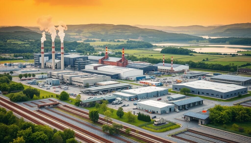 A modern industrial factory complex nestled in a lush, verdant landscape. The sprawling facility features a mix of sleek, contemporary buildings and traditional architectural elements, harmoniously blending function and form. Towering smokestacks emit wisps of steam, while solar panels on the rooftops harness clean energy. In the foreground, a well-organized logistics hub with efficient transportation links, including rail lines and expansive parking areas. The middle ground showcases a bustling workforce, engaged in various manufacturing processes. The background depicts a picturesque countryside setting, with rolling hills and a tranquil lake reflecting the sky. Warm, diffused lighting casts a welcoming glow over the entire scene, conveying a sense of productivity, sustainability, and economic opportunity.