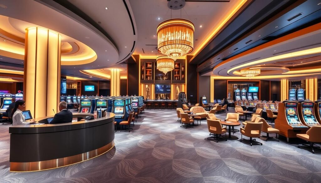 A modern, luxurious casino interior with a focus on the main services for Thai players. Bright, warm lighting illuminates a spacious gaming floor with a variety of tables and slot machines. In the foreground, a welcoming concierge desk with attentive staff ready to assist. The middle ground features high-end VIP lounge areas with plush seating and discreet, attentive service. In the background, an elegant bar and dining area, creating a well-rounded entertainment experience. The overall atmosphere exudes sophistication, comfort and security, catering to the discerning Thai clientele. A modern, luxurious casino interior with a focus on the main services for Thai players. Bright, warm lighting illuminates a spacious gaming floor with a variety of tables and slot machines. In the foreground, a welcoming concierge desk with attentive staff ready to assist. The middle ground features high-end VIP lounge areas with plush seating and discreet, attentive service. In the background, an elegant bar and dining area, creating a well-rounded entertainment experience. The overall atmosphere exudes sophistication, comfort and security, catering to the discerning Thai clientele.