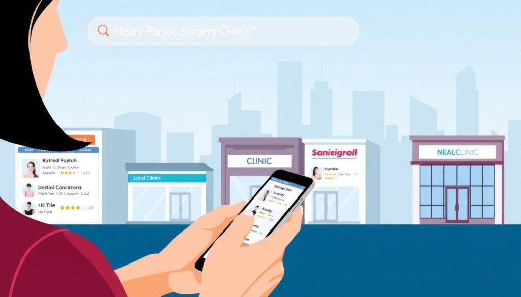 A modern, minimalist illustration depicting a search for nearby plastic surgery clinics. The foreground features a person using a smartphone, swiping through a directory of local clinics with detailed profiles and ratings. The middle ground showcases several clinic buildings in a clean, contemporary style, with signage and branding visible. The background has a soft, blurred cityscape with skyscrapers, highlighting the urban setting. The overall mood is informative, accessible, and visually appealing, reflecting the desire to find the best plastic surgery option close to one's location. A modern, minimalist illustration depicting a search for nearby plastic surgery clinics. The foreground features a person using a smartphone, swiping through a directory of local clinics with detailed profiles and ratings. The middle ground showcases several clinic buildings in a clean, contemporary style, with signage and branding visible. The background has a soft, blurred cityscape with skyscrapers, highlighting the urban setting. The overall mood is informative, accessible, and visually appealing, reflecting the desire to find the best plastic surgery option close to one's location.