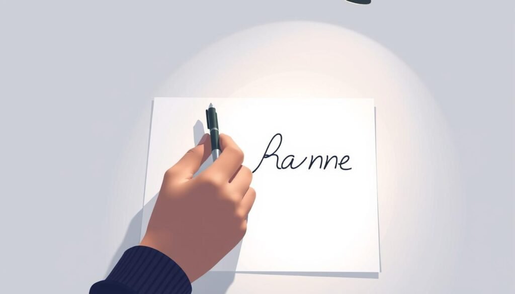 A modern, minimalist illustration of a person handwriting a name on a clean, white page. The scene is well-lit, with soft, diffused lighting from above, casting gentle shadows. The pen glides smoothly across the paper, leaving behind elegant, flowing strokes that form a unique, customized name. The composition is balanced, with the page filling the frame and the hand in the center, creating a sense of focus and attention to detail. The overall atmosphere is one of thoughtfulness, creativity, and the personalization of an important milestone. A modern, minimalist illustration of a person handwriting a name on a clean, white page. The scene is well-lit, with soft, diffused lighting from above, casting gentle shadows. The pen glides smoothly across the paper, leaving behind elegant, flowing strokes that form a unique, customized name. The composition is balanced, with the page filling the frame and the hand in the center, creating a sense of focus and attention to detail. The overall atmosphere is one of thoughtfulness, creativity, and the personalization of an important milestone.