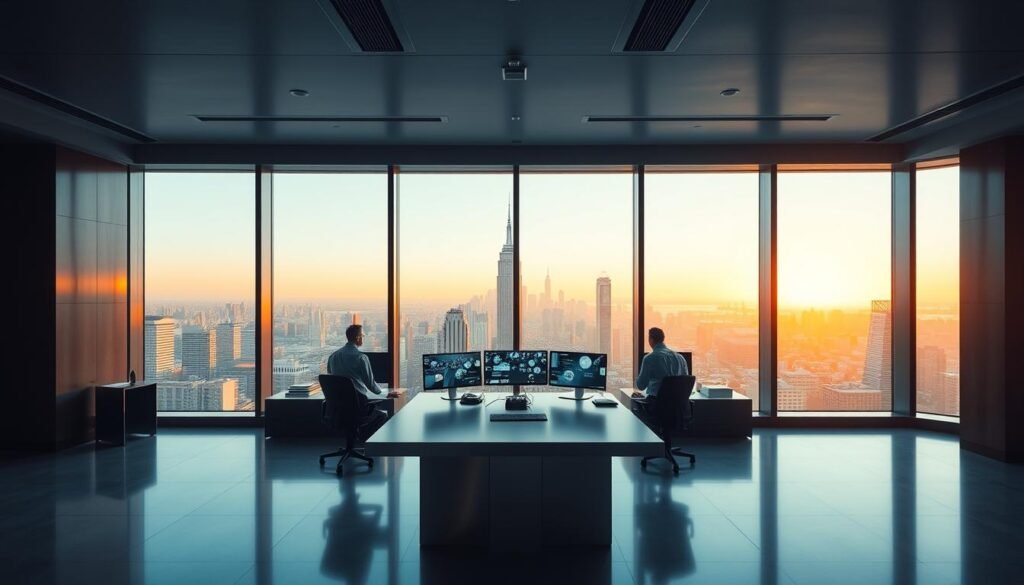 A modern office interior with a large panoramic window overlooking a bustling city skyline. The lighting is soft and even, creating a calming atmosphere. In the foreground, a sleek and sophisticated security console stands, its display screens showing real-time monitoring of the building's security systems. The middle ground features a team of security professionals diligently monitoring the feeds, their expressions focused and alert. In the background, the city outside is bathed in the golden glow of the setting sun, conveying a sense of safety and tranquility within the secure environment. The overall scene radiates a sense of order, control, and unwavering protection.