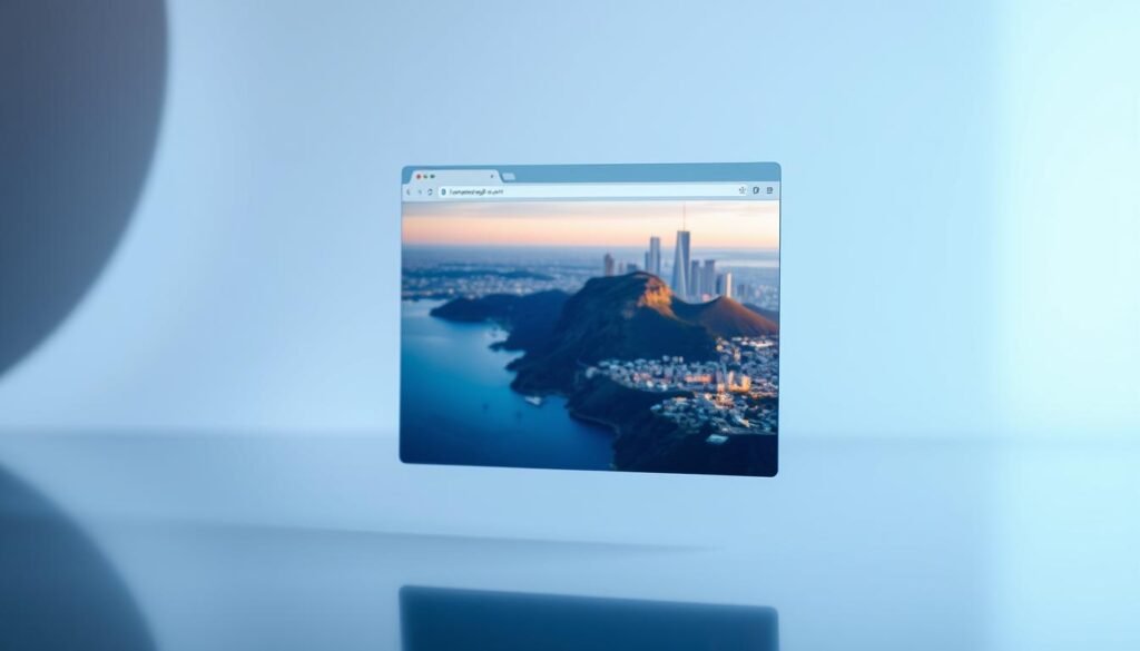 A modern web browser window, sleek and minimal, positioned in the center of the frame. The browser UI is clean and intuitive, with subtle shades of gray and blue hues. The background is a soft, blurred gradient, hinting at a serene, calming atmosphere. The browser window displays a captivating landscape or cityscape, representing the diverse and expansive content available on the web. Subtle reflections and shadows add depth and realism to the scene. The overall composition conveys a sense of digital harmony, inviting the viewer to explore the endless possibilities of the online world.