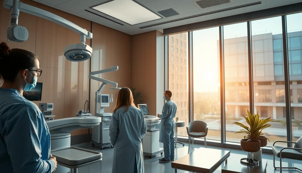 A modern, well-equipped hospital suite showcasing the latest advancements in aesthetic surgery. Sunlight filters through large windows, casting a warm glow on the sleek, state-of-the-art medical equipment. In the foreground, a team of skilled surgeons consult with a patient, discussing the intricate procedures and personalized treatment plans available. The middle ground features a waiting area with comfortable seating and soothing decor, conveying a sense of professionalism and care. In the background, the exterior of the renowned surgical center stands tall, reflecting its reputation for excellence and innovation in the field of cosmetic enhancement.