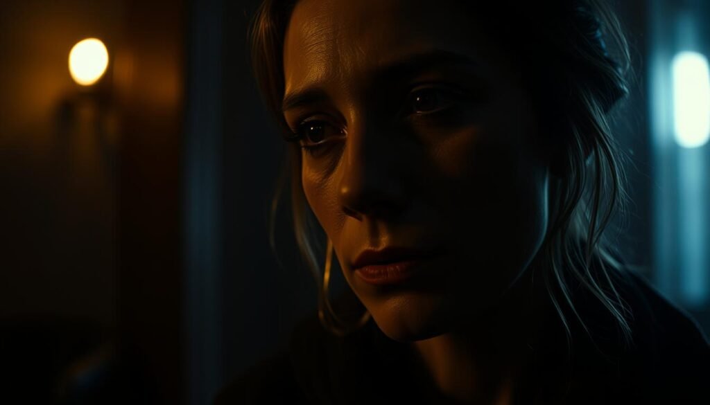A moody, cinematic scene set in a dimly lit, atmospheric environment. The foreground features a close-up of a pensive, introspective woman's face, her expression conveying a sense of melancholy and nostalgia. Soft, warm lighting from an unseen source casts gentle shadows across her features, creating a sense of depth and drama. The middle ground is blurred, suggesting a hazy, dreamlike quality, while the background is obscured in deep, inky shadows, heightening the sense of emotional intensity and introspection. The overall tone is one of wistful contemplation, reflecting the emotional resonance and personal narratives evoked by the subject matter. A moody, cinematic scene set in a dimly lit, atmospheric environment. The foreground features a close-up of a pensive, introspective woman's face, her expression conveying a sense of melancholy and nostalgia. Soft, warm lighting from an unseen source casts gentle shadows across her features, creating a sense of depth and drama. The middle ground is blurred, suggesting a hazy, dreamlike quality, while the background is obscured in deep, inky shadows, heightening the sense of emotional intensity and introspection. The overall tone is one of wistful contemplation, reflecting the emotional resonance and personal narratives evoked by the subject matter.