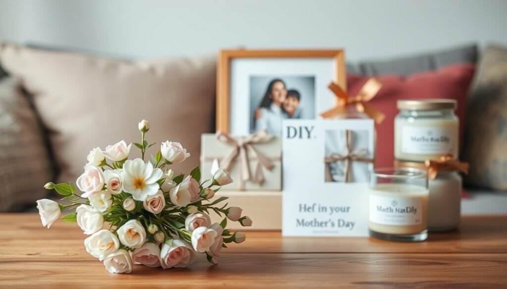 A neatly arranged still life featuring a variety of thoughtful Mother's Day gift ideas. In the foreground, a handcrafted floral arrangement in pastel tones sits atop a wooden table, its delicate petals and leaves gently illuminated by soft, diffused lighting. In the middle ground, a selection of DIY crafts and personalized keepsakes are displayed, including a framed family portrait, a handwritten card, and a homemade scented candle. The background subtly suggests a cozy, domestic setting, with hints of natural textures and warm colors creating a sense of comfort and care. The overall mood is one of heartfelt appreciation and attention to detail, reflecting the love and appreciation for the special woman being celebrated.