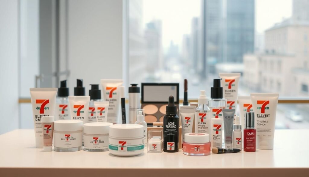 A neatly organized display of various 7-Eleven cosmetic products arranged on a minimalist white table. The lighting is soft and diffused, creating a clean, clinical atmosphere. In the foreground, a selection of skin care items such as creams, serums, and spot treatments are prominently featured, suggesting their effectiveness in treating acne. The middle ground showcases a variety of makeup products, hinting at a holistic approach to skin care and appearance. The background features a subtle, blurred urban cityscape, emphasizing the accessibility and convenience of these solutions. The overall composition conveys a sense of professionalism, practicality, and the promise of clear, blemish-free skin. A neatly organized display of various 7-Eleven cosmetic products arranged on a minimalist white table. The lighting is soft and diffused, creating a clean, clinical atmosphere. In the foreground, a selection of skin care items such as creams, serums, and spot treatments are prominently featured, suggesting their effectiveness in treating acne. The middle ground showcases a variety of makeup products, hinting at a holistic approach to skin care and appearance. The background features a subtle, blurred urban cityscape, emphasizing the accessibility and convenience of these solutions. The overall composition conveys a sense of professionalism, practicality, and the promise of clear, blemish-free skin.