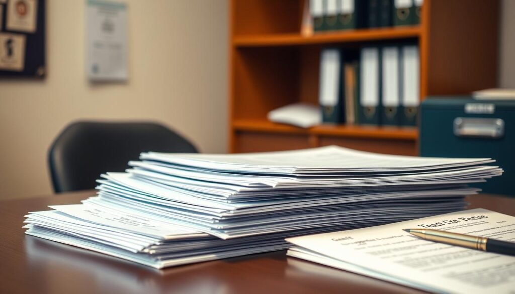 A neatly organized office desk with a stack of documents, certificates, and application forms. Crisp lighting illuminates the scene, highlighting the attention to detail. In the background, a blurred bookshelf and file cabinet convey a professional, academic atmosphere. The overall mood is one of diligence and preparedness, reflecting the care and thoroughness required for a teacher certification application. A neatly organized office desk with a stack of documents, certificates, and application forms. Crisp lighting illuminates the scene, highlighting the attention to detail. In the background, a blurred bookshelf and file cabinet convey a professional, academic atmosphere. The overall mood is one of diligence and preparedness, reflecting the care and thoroughness required for a teacher certification application.