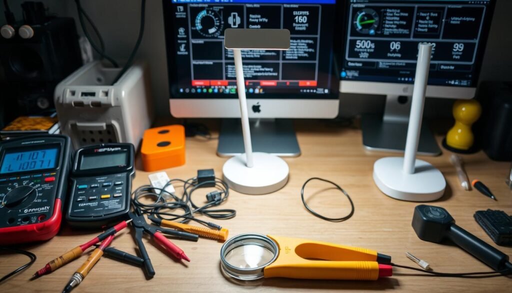 A neatly organized workbench with various electrical components and tools. The foreground features a multimeter, wire strippers, and a magnifying glass, indicating a focus on safety and precision. The middle ground showcases a sleek, modern LED desk lamp with a clean, minimalist design. In the background, a computer monitor displays technical specifications and safety guidelines for the electrical devices. The overall atmosphere is one of professionalism, attention to detail, and a commitment to responsible electrical usage. A neatly organized workbench with various electrical components and tools. The foreground features a multimeter, wire strippers, and a magnifying glass, indicating a focus on safety and precision. The middle ground showcases a sleek, modern LED desk lamp with a clean, minimalist design. In the background, a computer monitor displays technical specifications and safety guidelines for the electrical devices. The overall atmosphere is one of professionalism, attention to detail, and a commitment to responsible electrical usage.