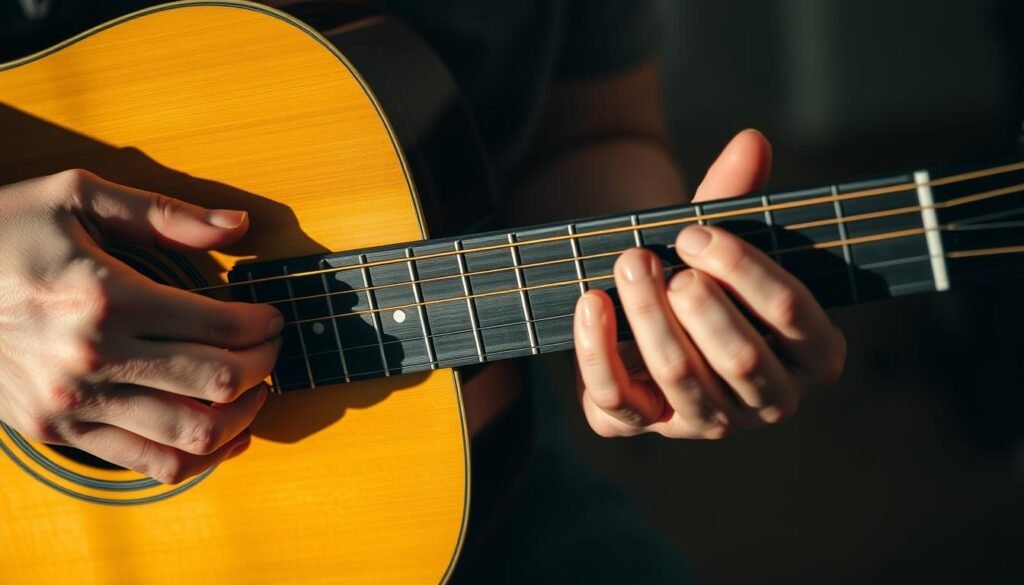 A pair of hands gently gripping the neck of an acoustic guitar, the fingers delicately positioned on the fretboard, ready to play a simple yet soulful chord progression. The instrument is bathed in warm, natural lighting, casting soft shadows that accentuate the tactile details of the wood grain and metal strings. The background is blurred, allowing the viewer to focus on the intimate moment of a beginner guitarist learning the fundamental chords of a timeless musical partnership, the "Couple's Chord" progression. The scene exudes a sense of tranquility and focus, inviting the viewer to immerse themselves in the journey of mastering the foundational building blocks of guitar playing. A pair of hands gently gripping the neck of an acoustic guitar, the fingers delicately positioned on the fretboard, ready to play a simple yet soulful chord progression. The instrument is bathed in warm, natural lighting, casting soft shadows that accentuate the tactile details of the wood grain and metal strings. The background is blurred, allowing the viewer to focus on the intimate moment of a beginner guitarist learning the fundamental chords of a timeless musical partnership, the "Couple's Chord" progression. The scene exudes a sense of tranquility and focus, inviting the viewer to immerse themselves in the journey of mastering the foundational building blocks of guitar playing.