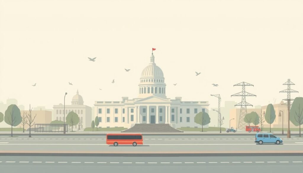 A panoramic, high-resolution digital illustration depicting essential government and public services in the United States. The scene should have a clean, minimalist aesthetic with a focus on simple shapes, muted colors, and negative space. Key elements should include icons or symbols representing healthcare, education, transportation, public utilities, and other vital community resources. The overall composition should convey a sense of unity, connectivity, and accessibility of these services to the American people. The lighting should be soft and diffused, creating a calming, professional atmosphere. The perspective should be slightly elevated to provide an expansive, bird's-eye view of the comprehensive system of services that unite and support the nation.