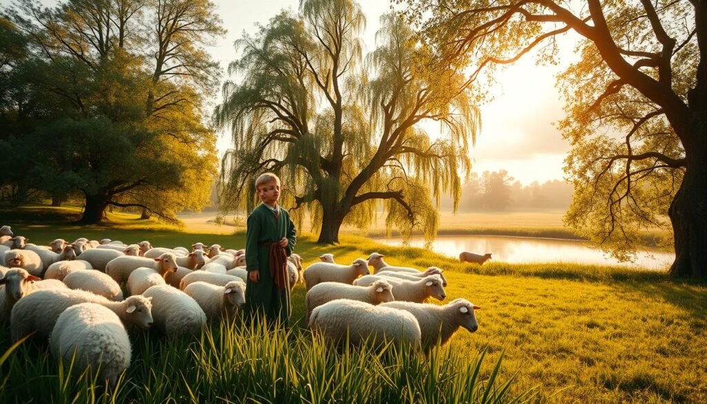 A pastoral scene of a young shepherd tending to a flock of sheep, set against the backdrop of a lush, verdant landscape. The shepherd, clad in traditional garments, stands amidst the grazing animals, their wooly coats glistening in the warm, golden sunlight that filters through the canopy of towering trees. In the distance, a serene pond reflects the shifting clouds, creating a calming, dreamlike atmosphere. The scene evokes a sense of timelessness, capturing the essence of the cultural heritage and language inherent in the pastoral lifestyle. The image should convey a sense of tranquility and connection to the natural world, suitable for illustrating the section on the cultural and linguistic aspects of the shepherd's tale. A pastoral scene of a young shepherd tending to a flock of sheep, set against the backdrop of a lush, verdant landscape. The shepherd, clad in traditional garments, stands amidst the grazing animals, their wooly coats glistening in the warm, golden sunlight that filters through the canopy of towering trees. In the distance, a serene pond reflects the shifting clouds, creating a calming, dreamlike atmosphere. The scene evokes a sense of timelessness, capturing the essence of the cultural heritage and language inherent in the pastoral lifestyle. The image should convey a sense of tranquility and connection to the natural world, suitable for illustrating the section on the cultural and linguistic aspects of the shepherd's tale.