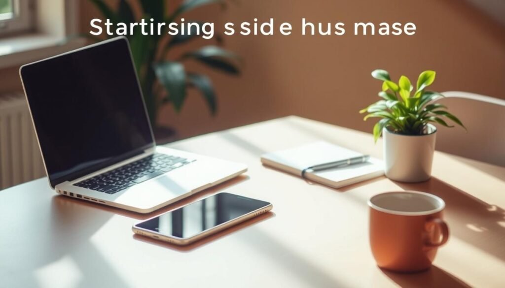 A peaceful, serene workspace with soft natural lighting illuminating a table featuring an array of items for starting a side business - a laptop, smartphone, notebook, and a potted plant. The background showcases a warm, earthy color palette with hints of greenery, creating an inviting and productive atmosphere. The composition emphasizes the accessibility and simplicity of launching a side hustle, encouraging the viewer to take the first steps towards financial independence and work-life balance.