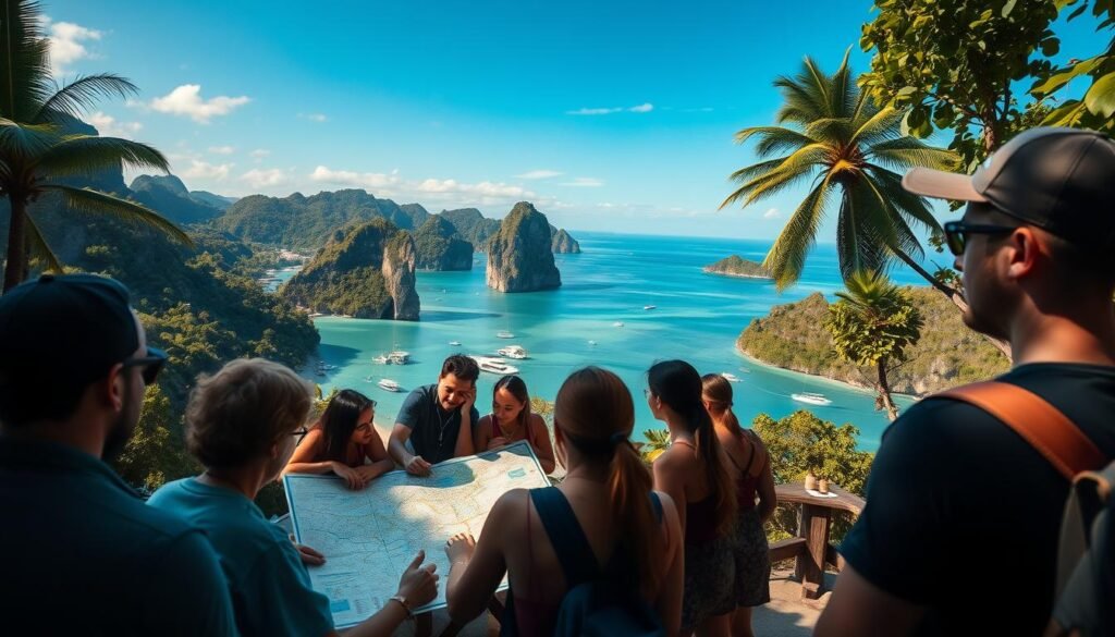 A picturesque landscape of Phi Phi Islands, Thailand. In the foreground, a group of travelers gathered around a detailed map, planning their island adventure. The middle ground showcases the iconic limestone cliffs and turquoise waters of Phi Phi Don, with boats dotting the serene bay. In the background, lush tropical foliage and a clear blue sky create a serene, relaxing atmosphere. The scene is illuminated by warm, golden sunlight, captured through a wide-angle lens to emphasize the grandeur of the location. The overall mood is one of excitement and anticipation, as the travelers meticulously plan their journey to this stunning tropical paradise.
