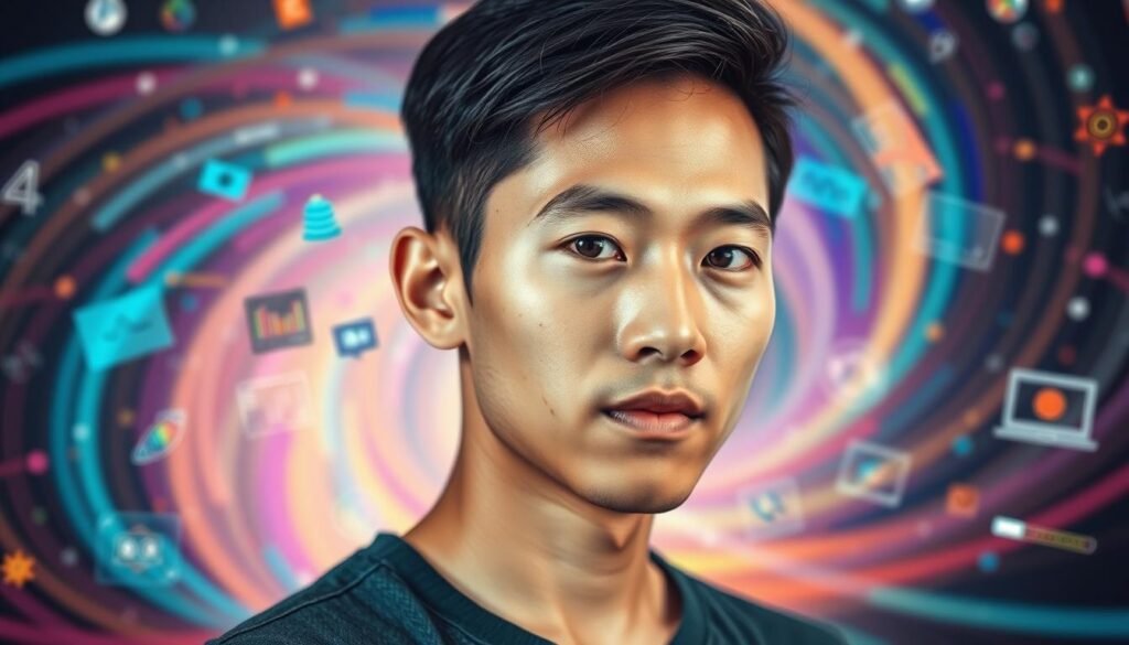 A portrait of a young Thai man, Fhong, surrounded by a colorful, abstract information landscape. The foreground features Fhong's face, captured in a thoughtful, introspective expression, his gaze directed slightly off-camera. The middle ground is filled with a dynamic array of floating data visualizations, infographics, and digital interfaces, conveying the idea of knowledge, communication, and technology. The background is a swirling, ethereal blend of vibrant colors and geometric shapes, creating a sense of depth and visual complexity. The lighting is soft and diffused, lending a contemplative, almost dreamlike quality to the scene. The overall mood is one of intellectual curiosity, innovation, and the interconnectedness of information in the digital age. A portrait of a young Thai man, Fhong, surrounded by a colorful, abstract information landscape. The foreground features Fhong's face, captured in a thoughtful, introspective expression, his gaze directed slightly off-camera. The middle ground is filled with a dynamic array of floating data visualizations, infographics, and digital interfaces, conveying the idea of knowledge, communication, and technology. The background is a swirling, ethereal blend of vibrant colors and geometric shapes, creating a sense of depth and visual complexity. The lighting is soft and diffused, lending a contemplative, almost dreamlike quality to the scene. The overall mood is one of intellectual curiosity, innovation, and the interconnectedness of information in the digital age.