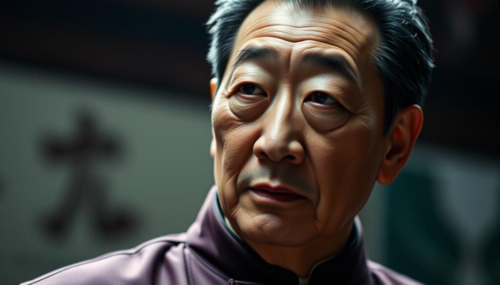 A portrait of the revered Chinese actor and filmmaker Chen Long, standing tall and proud, his gaze emanating a palpable sense of resolve and charisma. The lighting is dramatic, casting striking shadows that accentuate the sculpted features of his face, conveying a sense of depth and dimension. The background is blurred, keeping the focus squarely on Chen Long's commanding presence. The overall mood is one of reverence and admiration, befitting the legendary status of this influential cultural icon. This image captures the essence of Chen Long's remarkable life and career, encapsulating the triumphs and challenges that have shaped his indelible legacy.