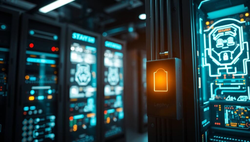 A secure and sleek digital network, illuminated by a soft, ambient glow. Servers and routers stand guard, their intricate circuitry visible through tempered glass casings. Glowing security protocols dance across holographic displays, monitoring and defending against cyber threats. In the foreground, a biometric security system scans for authorized personnel, its scanner emitting a gentle, pulsing light. The overall atmosphere conveys a sense of technological sophistication and unwavering protection, creating a visually captivating representation of modern security systems.