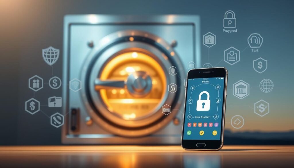 A secure digital bank vault against a backdrop of safety icons and symbols. The vault's gleaming chrome and glass facade is illuminated by soft, ambient lighting, casting a warm glow over the scene. In the foreground, a mobile device displays a secure payment interface, with encrypted data streams flowing between the device and the vault. The middle ground features authentication tokens, biometric scanners, and other security measures, creating a sense of multilayered protection. The background showcases a serene, minimalist landscape, emphasizing the tranquility and reliability of the banking system. The overall composition conveys a feeling of trust, stability, and the utmost care taken to safeguard financial assets.