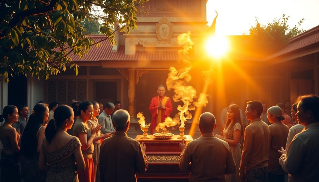 A serene Thai temple courtyard, bathed in warm golden light from the setting sun. In the center, a solemn ceremony unfolds - villagers gathered around an ornate altar, performing ancient rituals to appease spirits and ward off misfortune. Wisps of incense drift through the air, as the officiant, garbed in ceremonial robes, chants sacred verses. The faces of the participants are solemn, yet hopeful, as they seek to cleanse their "karma" and restore balance to their lives. In the background, lush foliage and traditional architecture frame the scene, connecting the timeless ritual to its deep cultural roots. An atmospheric, reverent mood permeates the setting, capturing the essence of the Thai "Kae Kharok" tradition. A serene Thai temple courtyard, bathed in warm golden light from the setting sun. In the center, a solemn ceremony unfolds - villagers gathered around an ornate altar, performing ancient rituals to appease spirits and ward off misfortune. Wisps of incense drift through the air, as the officiant, garbed in ceremonial robes, chants sacred verses. The faces of the participants are solemn, yet hopeful, as they seek to cleanse their "karma" and restore balance to their lives. In the background, lush foliage and traditional architecture frame the scene, connecting the timeless ritual to its deep cultural roots. An atmospheric, reverent mood permeates the setting, capturing the essence of the Thai "Kae Kharok" tradition.
