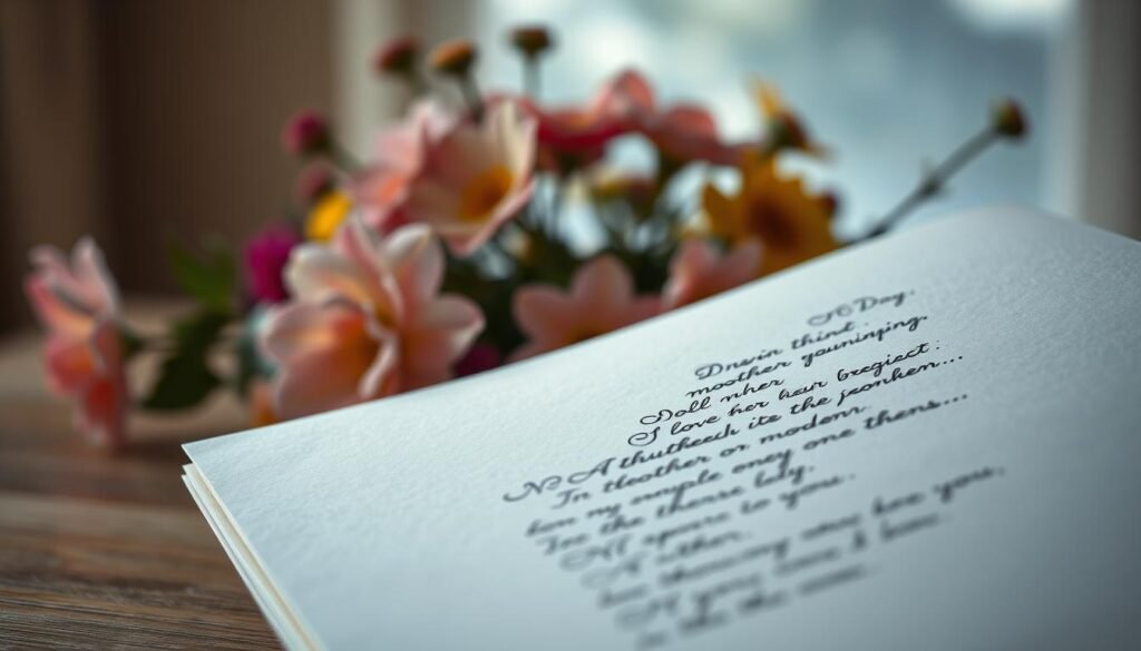 A serene and contemplative scene of a carefully crafted Mother's Day poem. In the foreground, delicate handwritten verses on a crisp white page, the letters dancing with an elegant calligraphic flair. The middle ground showcases a variety of colorful blooms, their petals softly illuminated by warm, diffused lighting, suggesting a thoughtful, heartfelt composition. In the background, a subtly blurred, nature-inspired setting, perhaps a tranquil garden or a cozy, inviting interior, creating a sense of intimate connection. The overall mood is one of reverence, appreciation, and the heartfelt expression of love and gratitude for a mother's unwavering presence.
