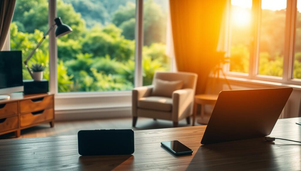 A serene home office setup, bathed in warm, natural lighting. In the foreground, a laptop and a smartphone, representing the essential tech tools for streaming. The middle ground features a comfortable armchair and a side table, hinting at the relaxed environment conducive to content creation. In the background, a large window overlooking a lush, verdant landscape, symbolizing the intersection of technology and nature. The overall atmosphere exudes a sense of balance and productivity, guiding the viewer towards effortless, high-quality streaming experiences.