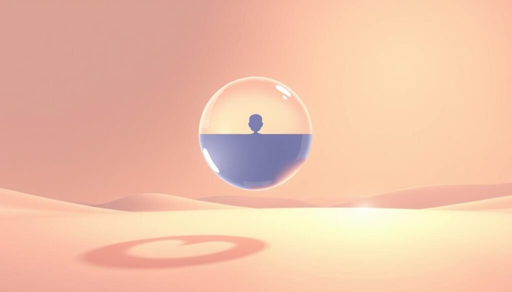A serene, minimalist digital illustration showcasing the essence of "ความเป็นส่วนตัว Meta". In the foreground, a semi-transparent sphere hovers, representing the interconnected nature of digital communities. Its surface reflects the user's avatar, symbolizing the blending of virtual and personal identities. The middle ground features a simple, clean-lined interface with intuitive controls, conveying the user-friendly experience of Meta's tools. In the background, a soft, gradient-based landscape evokes a sense of tranquility and digital harmony. Warm, diffused lighting illuminates the scene, creating an inviting and approachable atmosphere. The overall composition emphasizes the balance between technology, community, and personal expression.