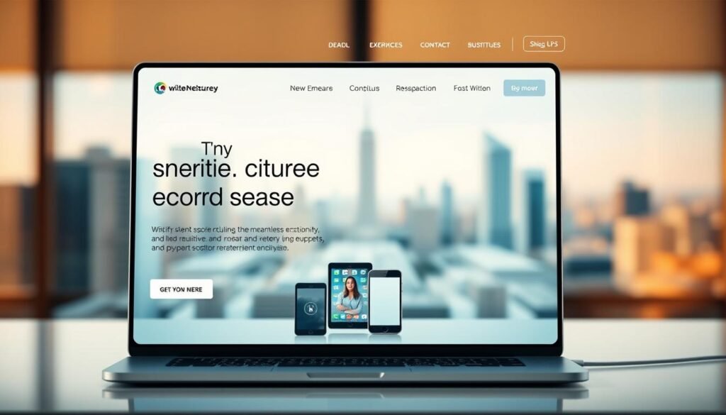 A serene, modern website interface showcasing a sleek and intuitive service solution. The homepage features a bold, minimalist design with clean typography and crisp imagery. In the foreground, a laptop display presents a seamless user experience, with intuitive navigation and visually appealing information architecture. The middle ground showcases various digital devices - a tablet, smartphone, and smartwatch - all in harmony, reflecting the comprehensive nature of the service solution. The background depicts a softly blurred cityscape, hinting at the global reach and versatility of the platform. Warm, diffused lighting creates a welcoming, professional atmosphere, while a cool color palette conveys a sense of trust and reliability. A serene, modern website interface showcasing a sleek and intuitive service solution. The homepage features a bold, minimalist design with clean typography and crisp imagery. In the foreground, a laptop display presents a seamless user experience, with intuitive navigation and visually appealing information architecture. The middle ground showcases various digital devices - a tablet, smartphone, and smartwatch - all in harmony, reflecting the comprehensive nature of the service solution. The background depicts a softly blurred cityscape, hinting at the global reach and versatility of the platform. Warm, diffused lighting creates a welcoming, professional atmosphere, while a cool color palette conveys a sense of trust and reliability.