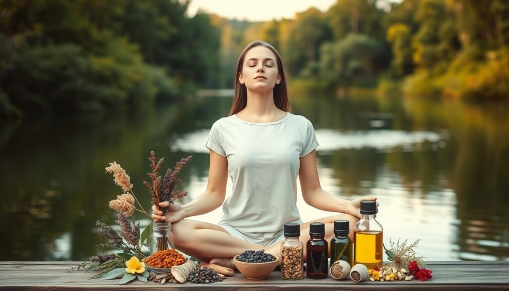 A serene, natural setting with a tranquil lake surrounded by lush, verdant foliage. In the foreground, a woman sits cross-legged, her eyes closed in meditation, her face exuding a sense of inner peace and calm. The mid-ground features an array of soothing herbal remedies, including dried flowers, leaves, and essential oils, arranged in a harmonious display. The background is softly lit, with a warm, golden glow that creates a calming, inviting atmosphere. The overall composition conveys a message of holistic, natural self-care and a balanced, mindful approach to women's health. A serene, natural setting with a tranquil lake surrounded by lush, verdant foliage. In the foreground, a woman sits cross-legged, her eyes closed in meditation, her face exuding a sense of inner peace and calm. The mid-ground features an array of soothing herbal remedies, including dried flowers, leaves, and essential oils, arranged in a harmonious display. The background is softly lit, with a warm, golden glow that creates a calming, inviting atmosphere. The overall composition conveys a message of holistic, natural self-care and a balanced, mindful approach to women's health.