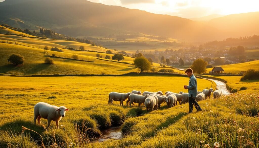 A serene pastoral landscape, bathed in warm golden light. In the foreground, a young shepherd tenderly tending to their flock of sheep, embodying the virtues of honesty, diligence, and unwavering responsibility. The middle ground features a lush, verdant meadow, with wildflowers and a meandering stream. In the distance, rolling hills and a tranquil village, signifying the harmony and trust that come from living with integrity. The composition exudes a sense of tranquility, moral fortitude, and the timeless lessons of the shepherd's tale. A serene pastoral landscape, bathed in warm golden light. In the foreground, a young shepherd tenderly tending to their flock of sheep, embodying the virtues of honesty, diligence, and unwavering responsibility. The middle ground features a lush, verdant meadow, with wildflowers and a meandering stream. In the distance, rolling hills and a tranquil village, signifying the harmony and trust that come from living with integrity. The composition exudes a sense of tranquility, moral fortitude, and the timeless lessons of the shepherd's tale.